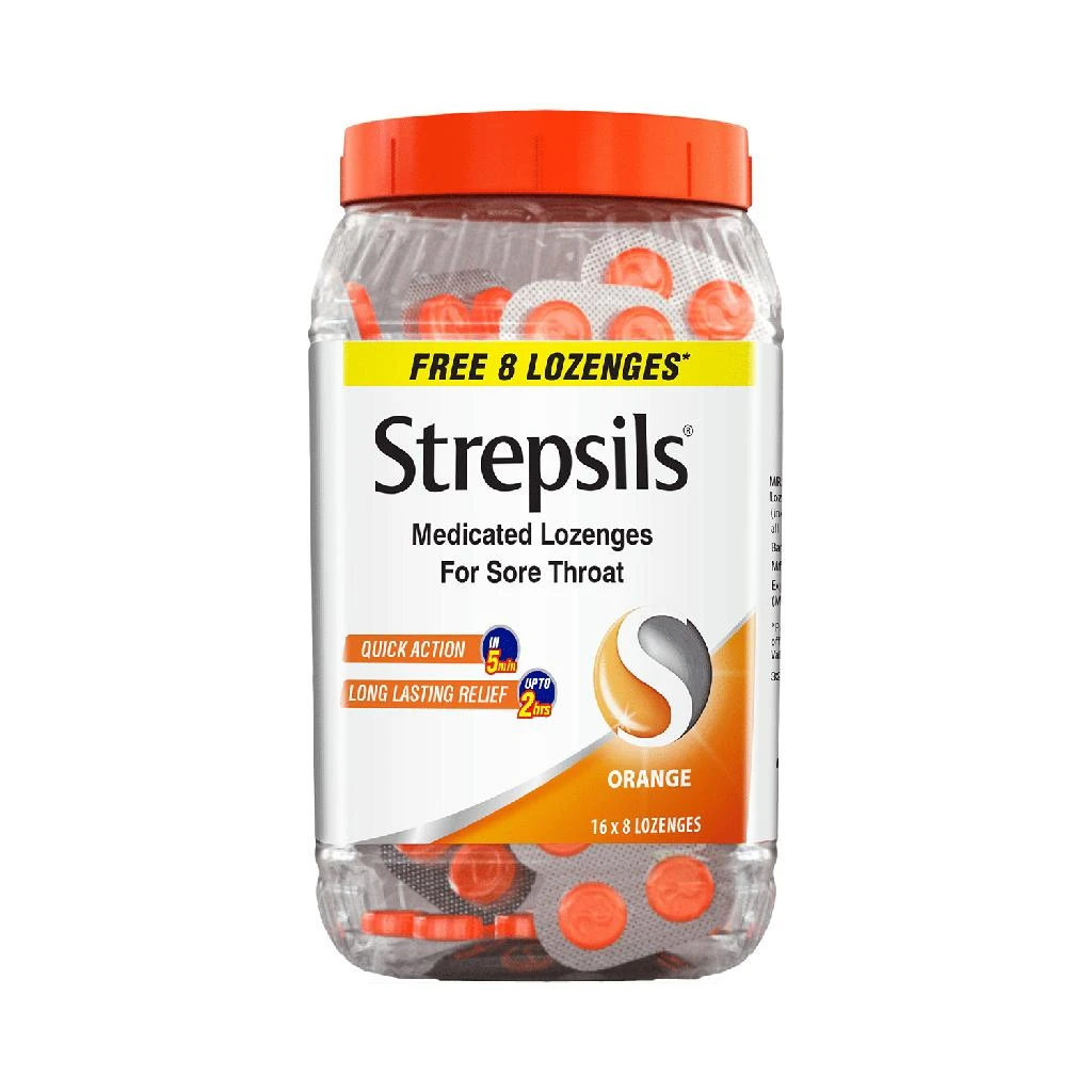 Strepsils Medicated Lozenges Orange 120+8 Free